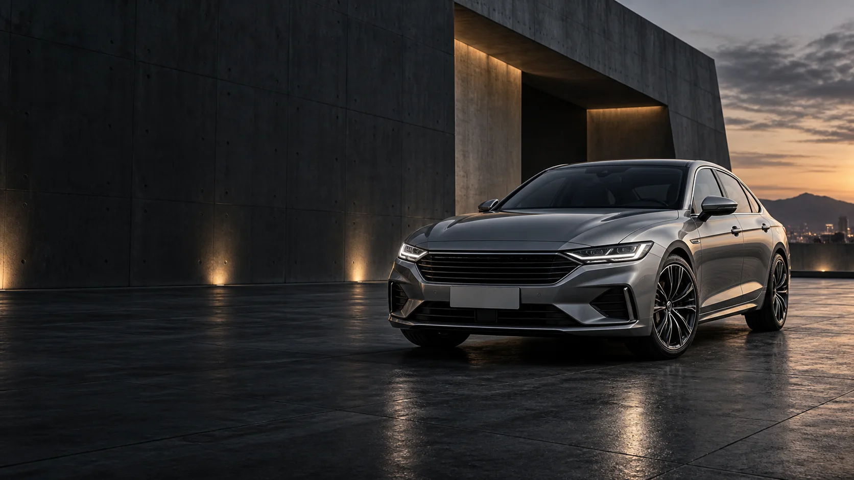 Современный серебристый автомобиль на фоне строгой архитектуры